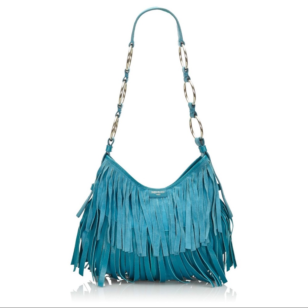 YSL Yves Saint Laurent Fringe Suede La Boheme Boho Handbag Turquoise Blue
